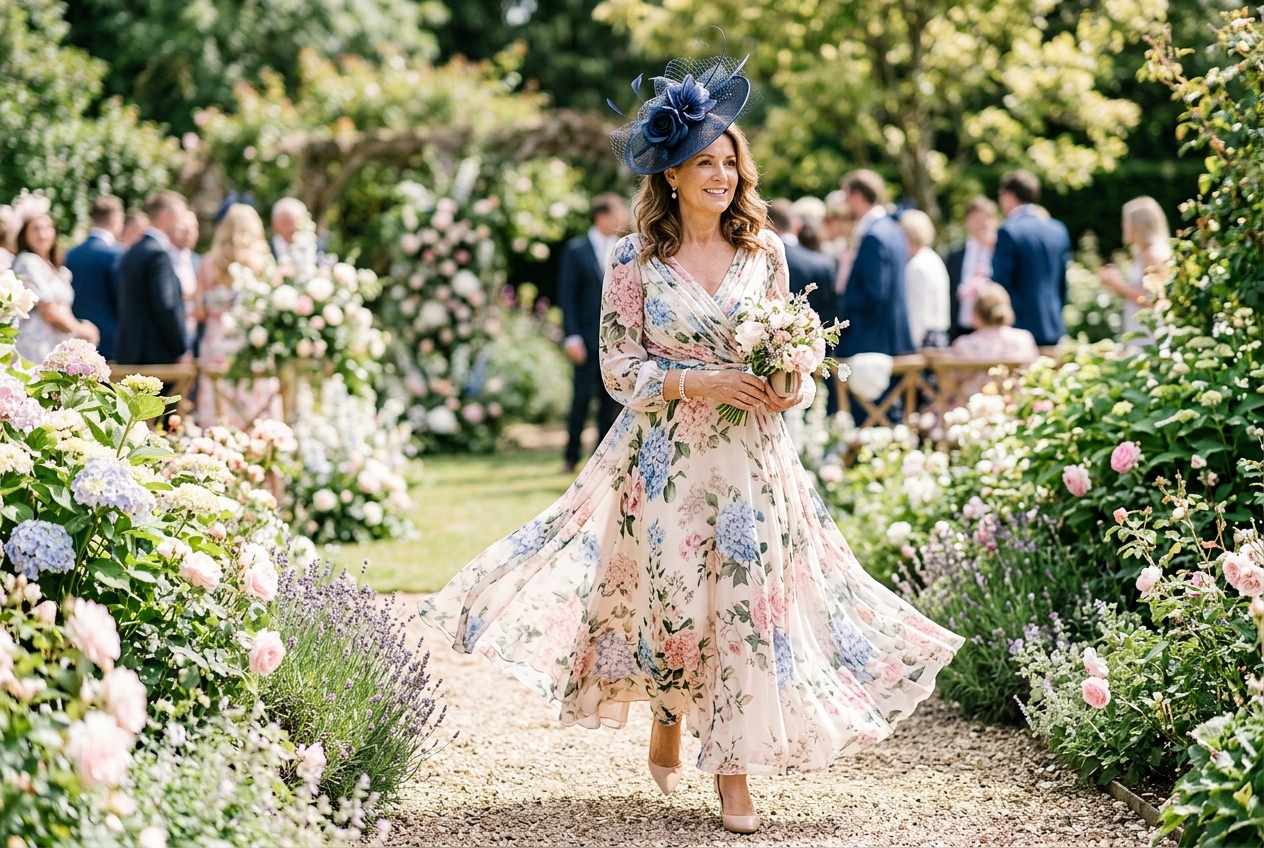 Mother of the bride in flowing summer dress with elegant fascinator, garden setting, bright daylight