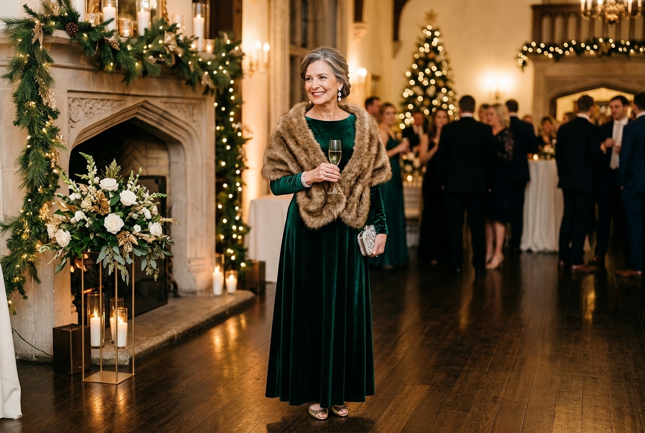 Mother of the bride in winter wedding outfit, velvet dress with faux fur stole, indoor venue