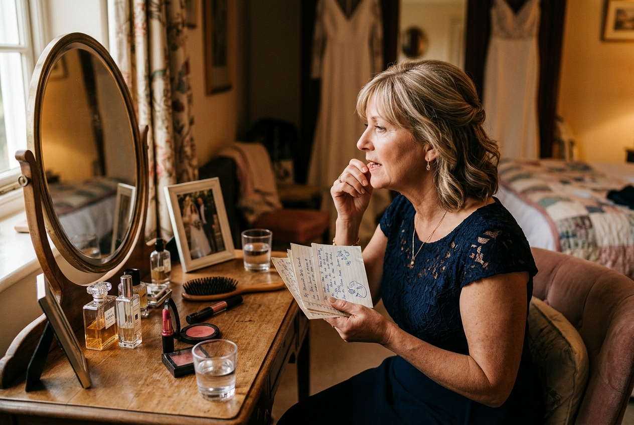 Mother of the bride practising her speech in front of a dressing table mirror