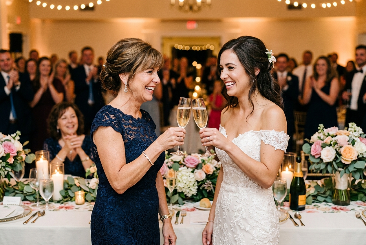 Mother of the bride and bride clinking champagne glasses after the speech, both smiling