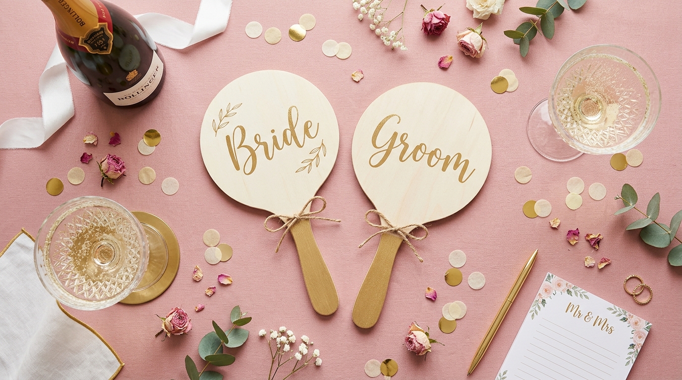 Mr and Mrs game paddles alongside confetti and champagne, styled on a pink surface, bright light