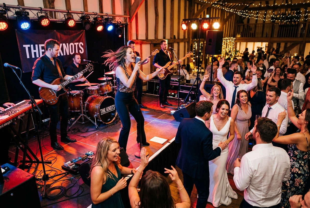 Live wedding band performing at the evening reception, lead singer, packed dance floor, colourful lighting