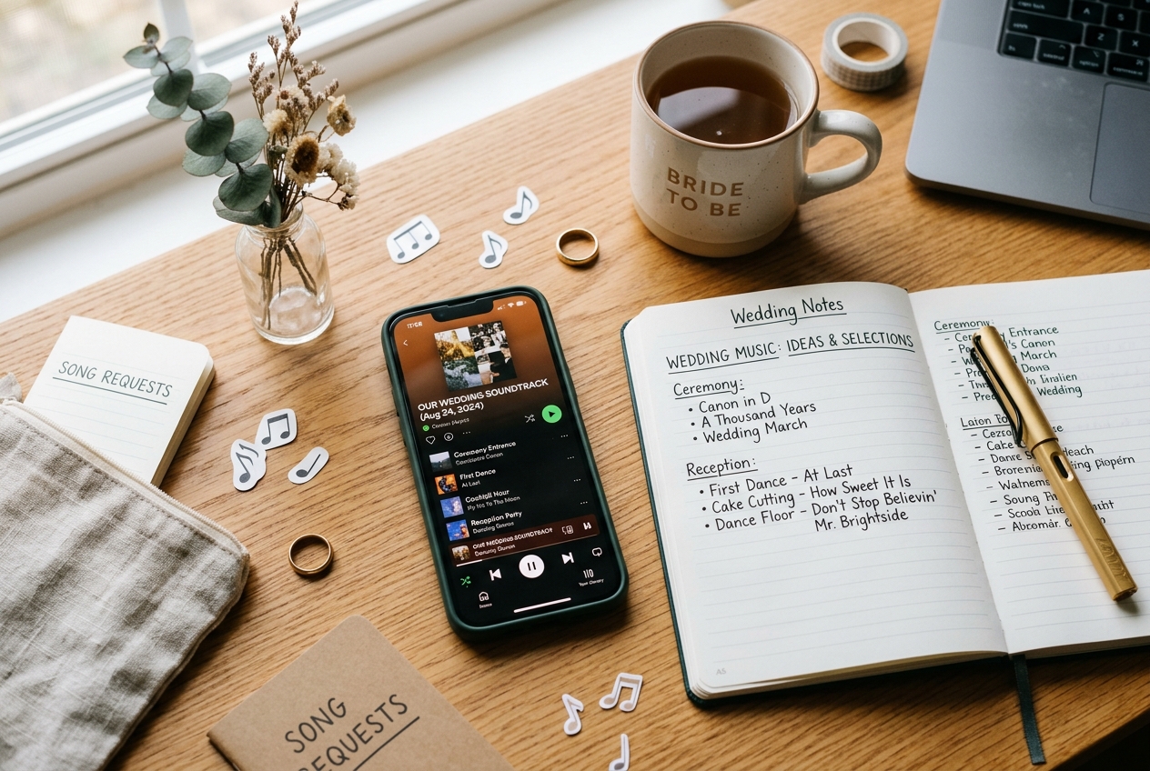 Wedding music playlist being planned, phone with Spotify, printed song list, pen, on a desk