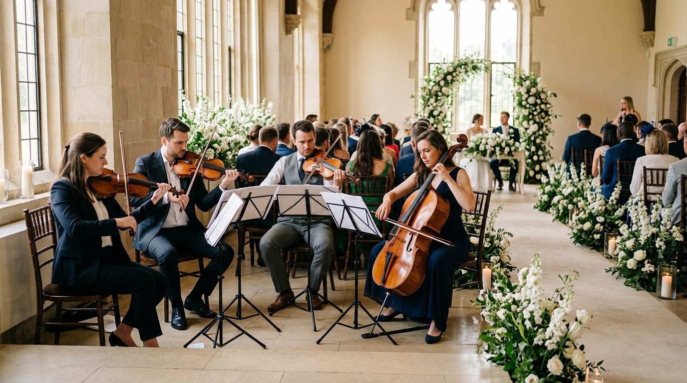 String quartet performing at a wedding ceremony, elegant room with floral decorations, natural light