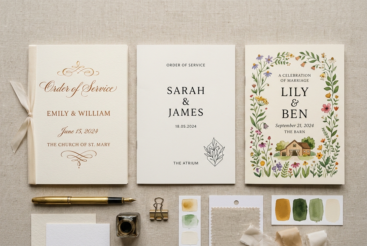 Three different order of service designs — traditional calligraphy, modern minimalist, illustrated