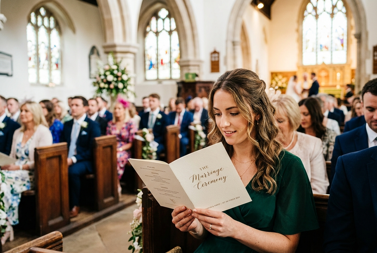Wedding guest holding an order of service booklet during the ceremony, reading along