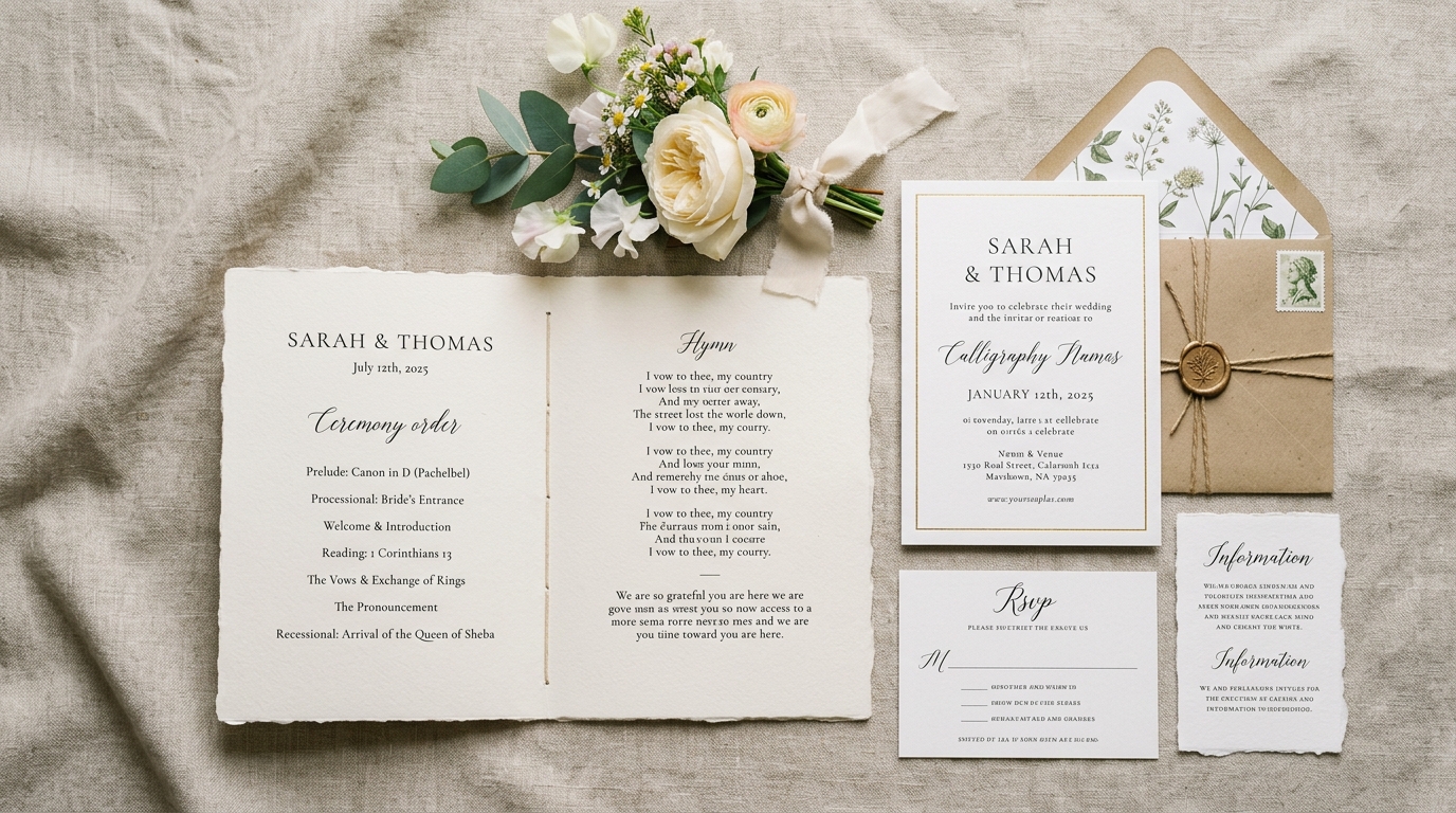 Beautifully printed order of service booklet, matching invitation suite, fresh flower, linen surface