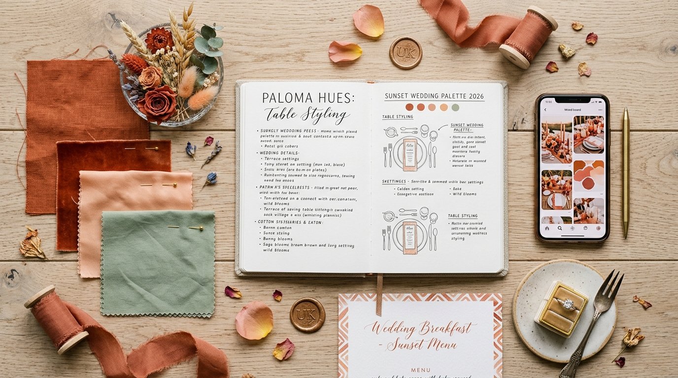 Paloma Hues: The Sunset Wedding Palette of 2026 — Table styling, editorial photography for Weddings Hub