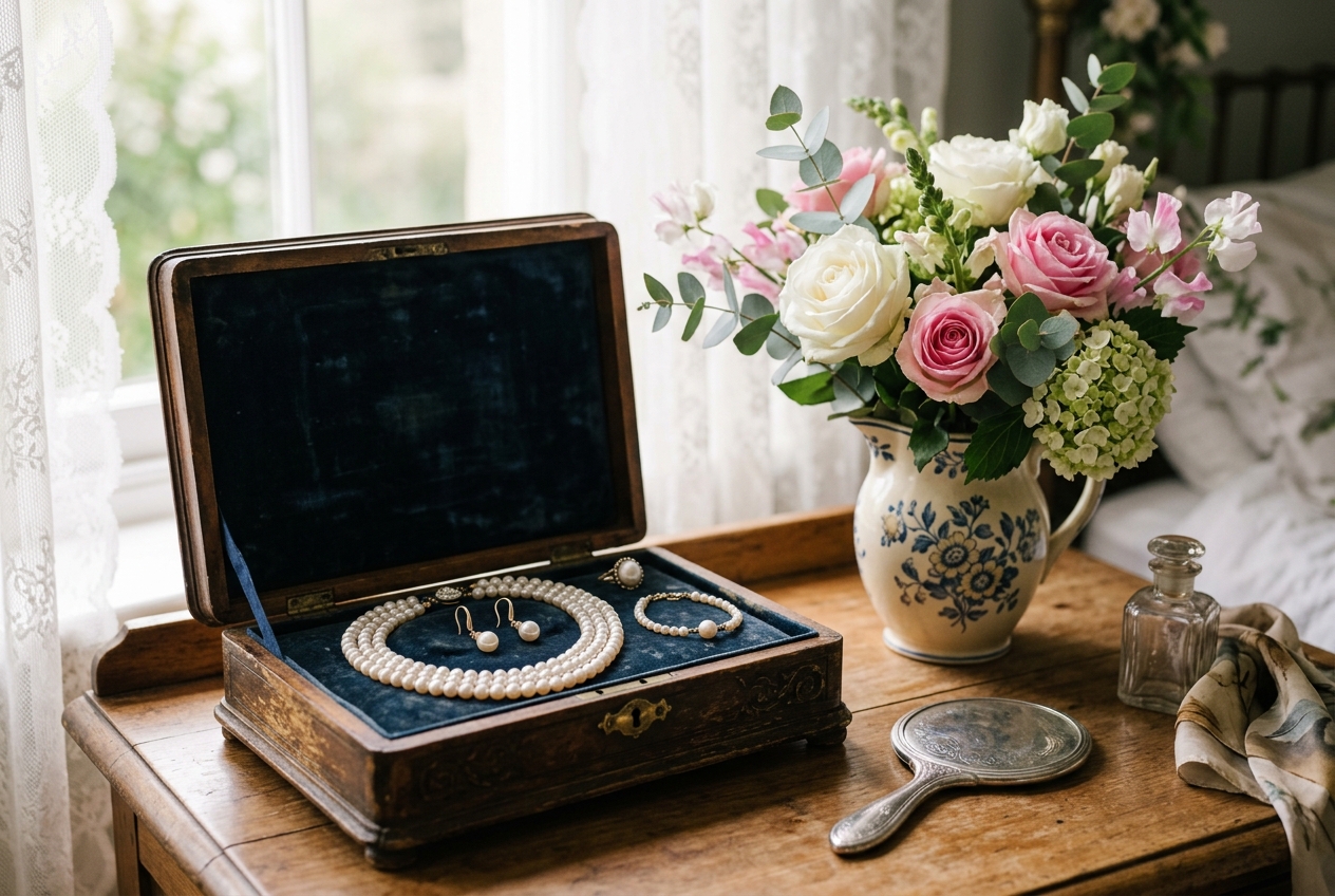 Pearl jewellery in a vintage jewellery box on a dressing table, fresh flowers, soft morning light