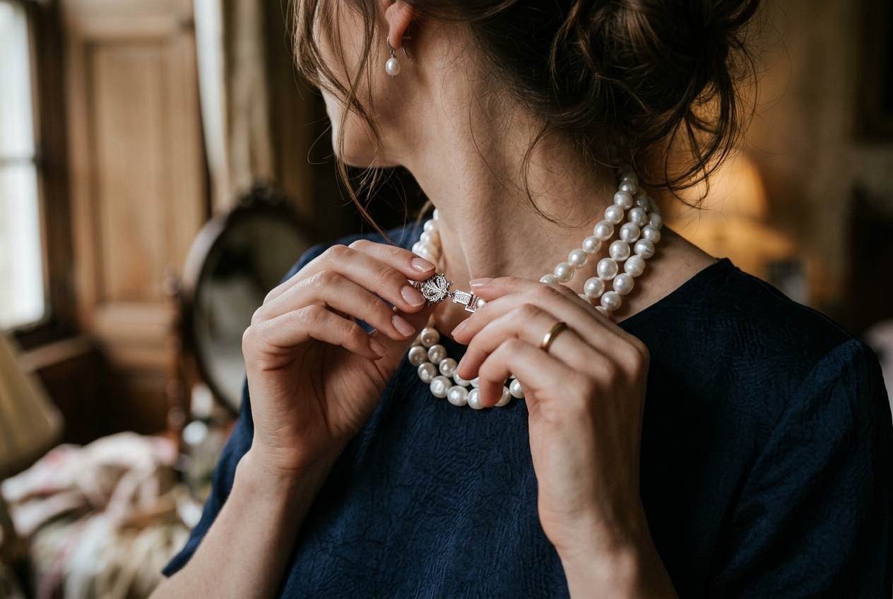 Hands clasping a pearl necklace, classic and elegant, soft moody lighting