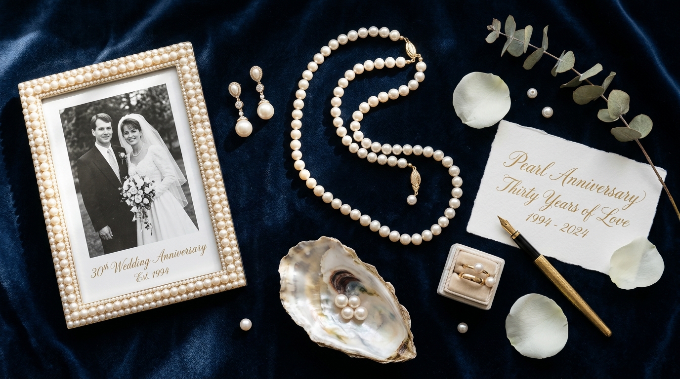 30th pearl wedding anniversary — string of pearls on dark velvet, pearl earrings, oyster shell, lustrous