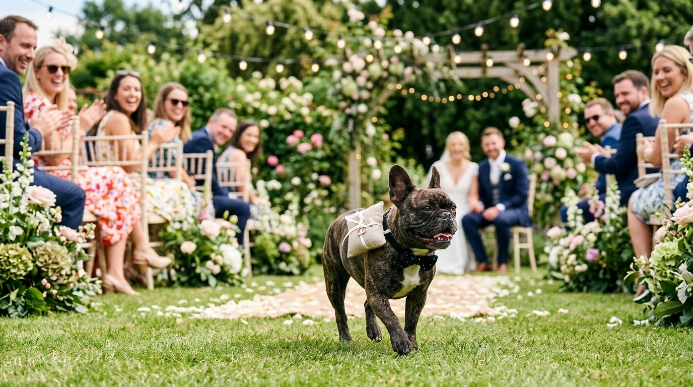 French bulldog in bow tie carrying ring pillow at an outdoor garden wedding