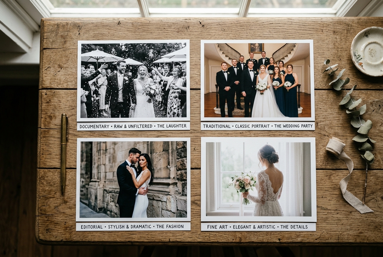 Four printed wedding photos in different styles on a wooden table — documentary, traditional, editorial, fine art
