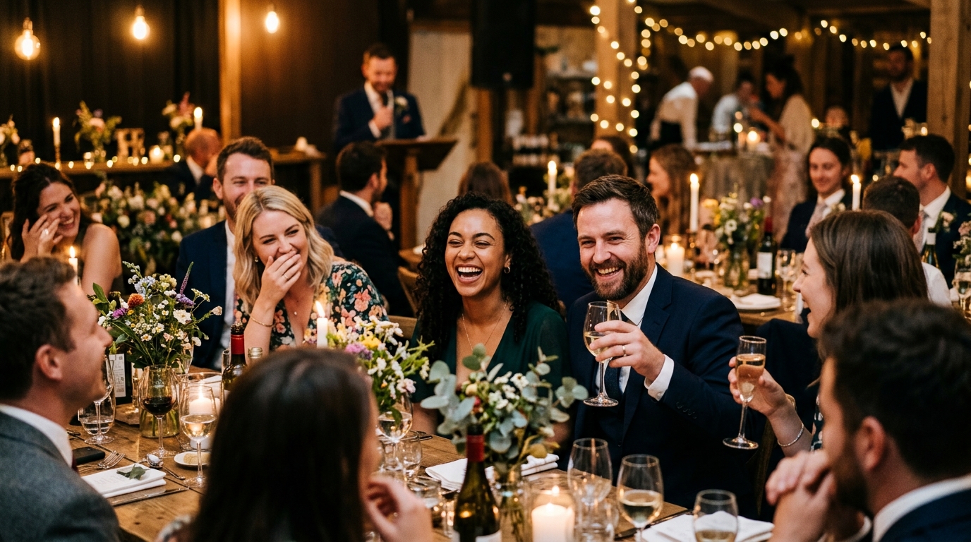 Candid documentary-style wedding photo, guests laughing during speeches, unposed, warm reception light