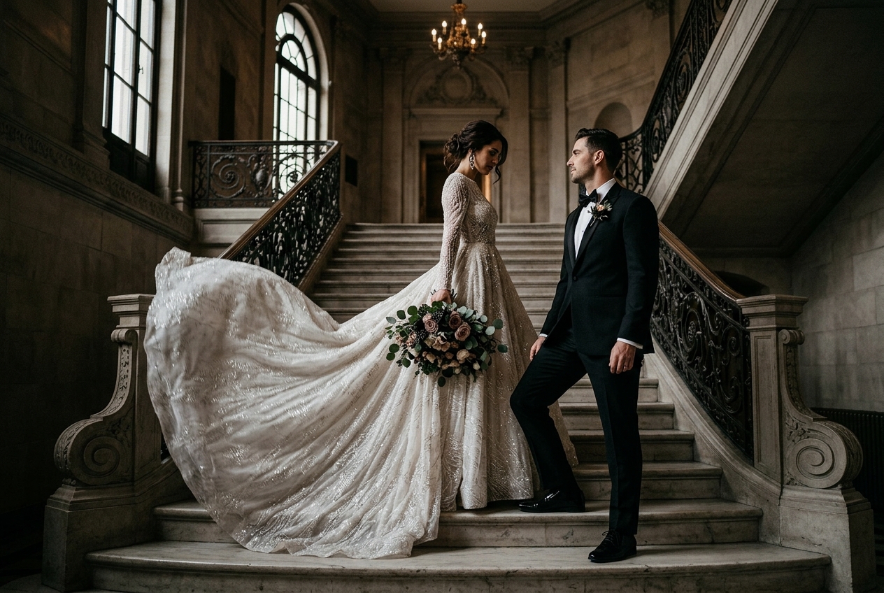 Editorial wedding portrait, couple posing dramatically on a grand staircase, moody lighting, fashion feel