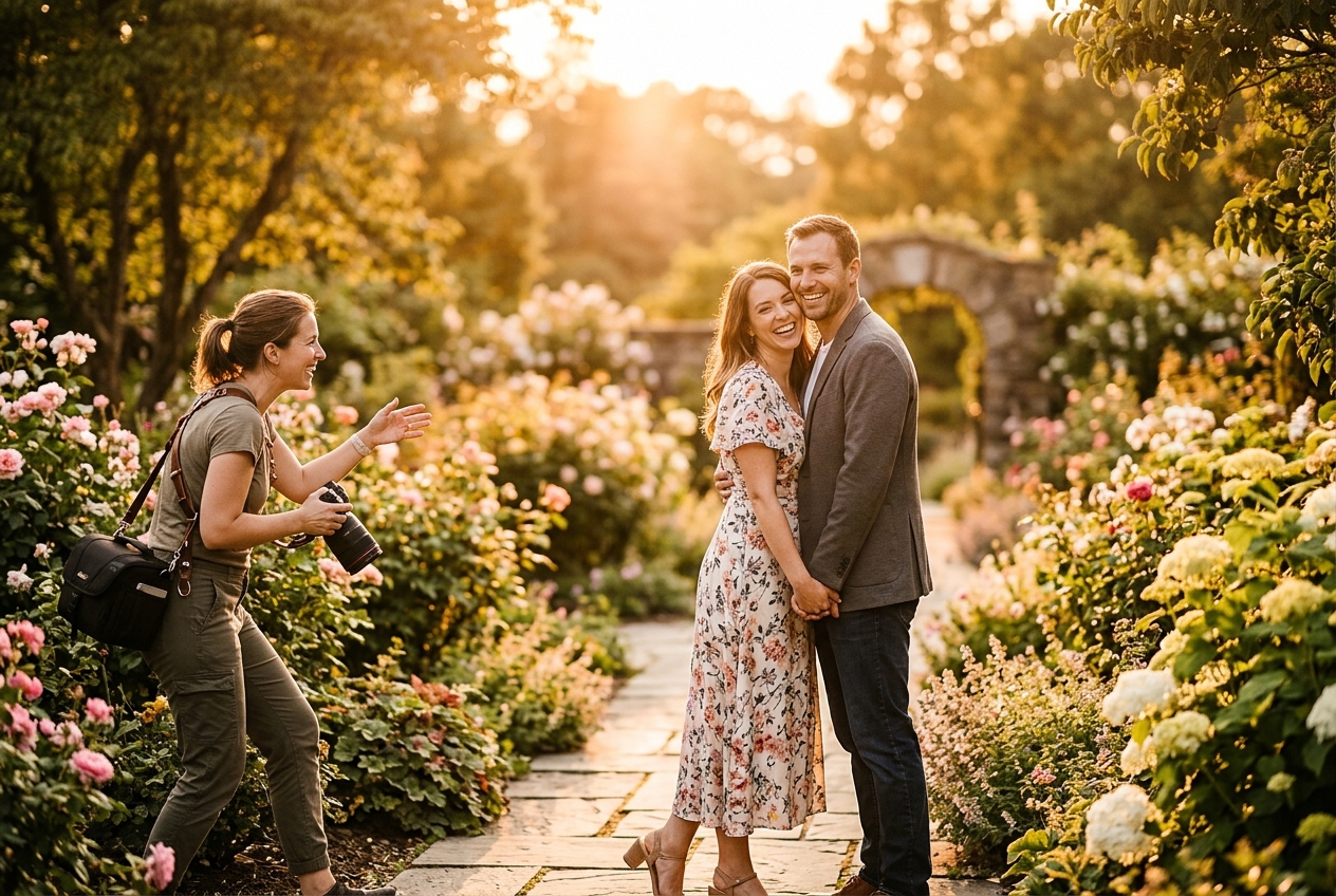 Couple posing for golden hour portraits in a garden, photographer directing, warm late afternoon light
