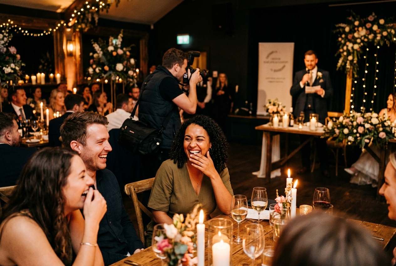 Photographer capturing speeches at the reception, guests laughing, warm candlelit room