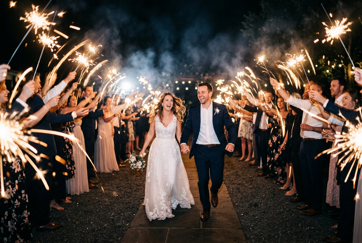 Couple running through sparkler send-off, guests lining both sides, dramatic light trails, long exposure