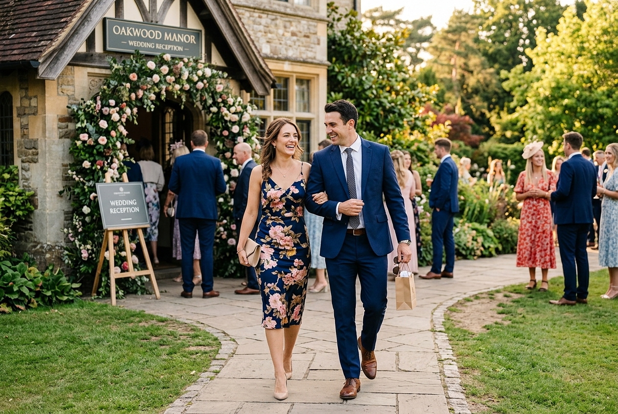Couple arriving at a wedding as plus-one guests, arm in arm, smart attire, warm afternoon light