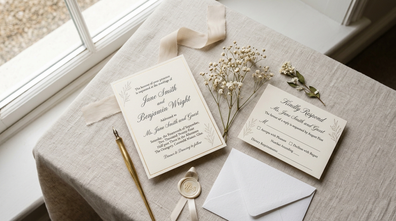 Wedding invitation addressed to 'Ms Jane Smith and Guest', RSVP card, dried flower