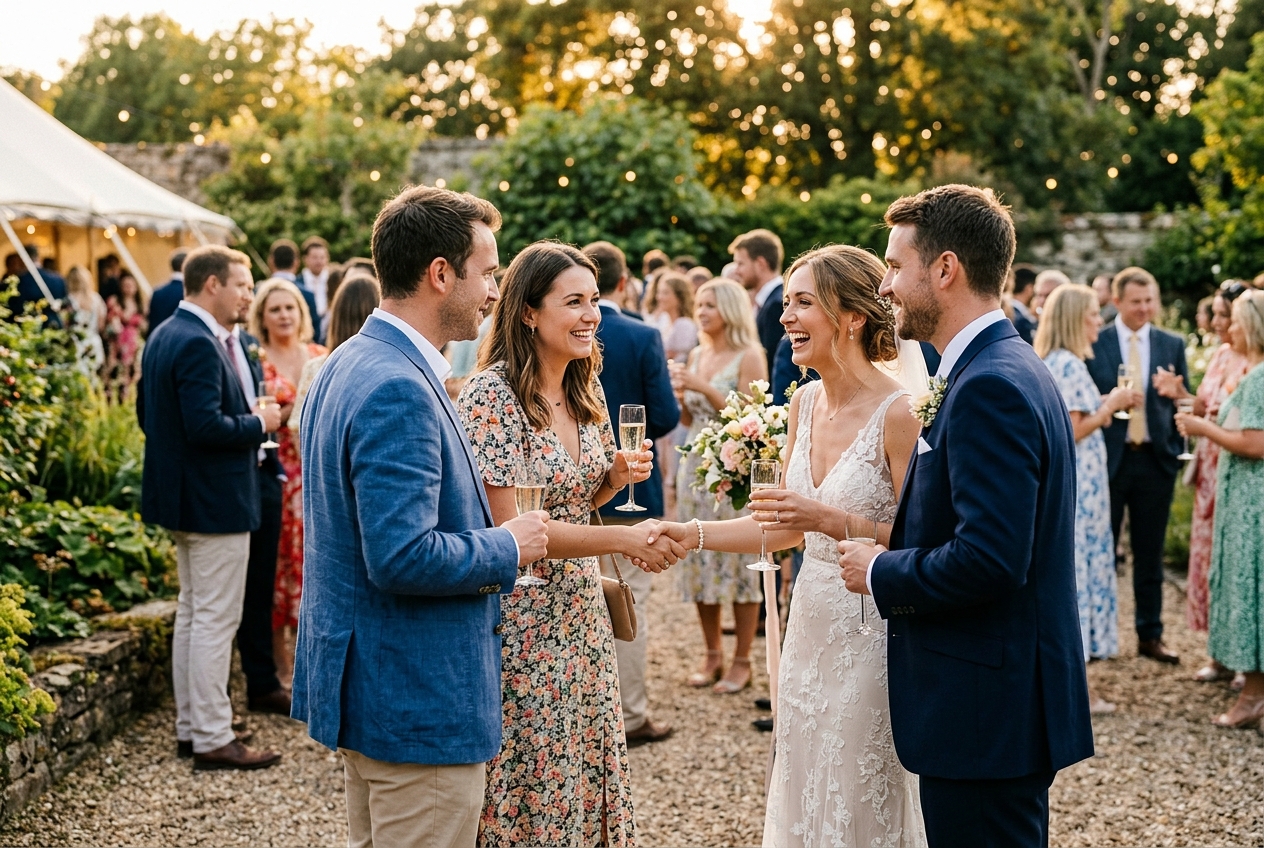 Wedding guests mingling at a drinks reception, guest introducing their plus one to the couple