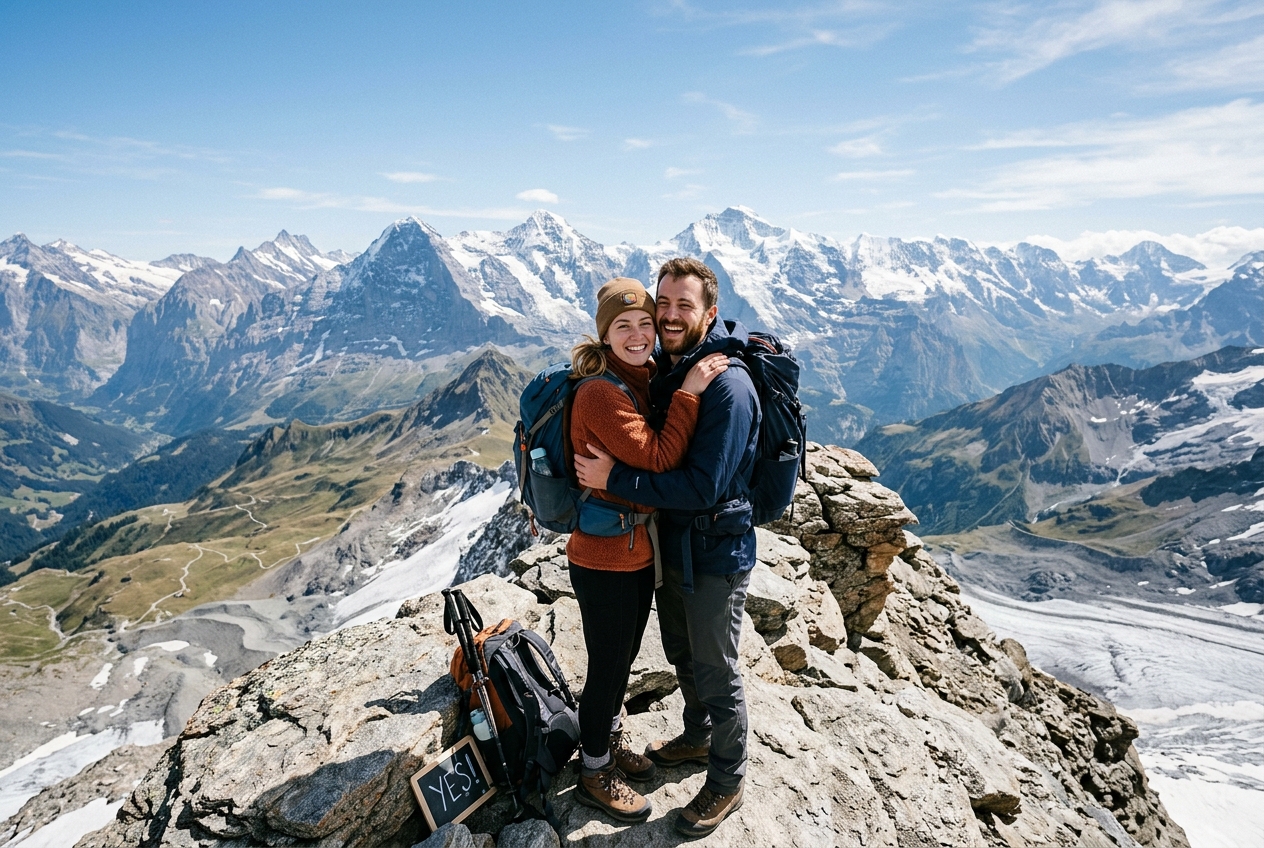 Couple at a mountain summit after a hiking proposal, ring on finger, dramatic panorama behind