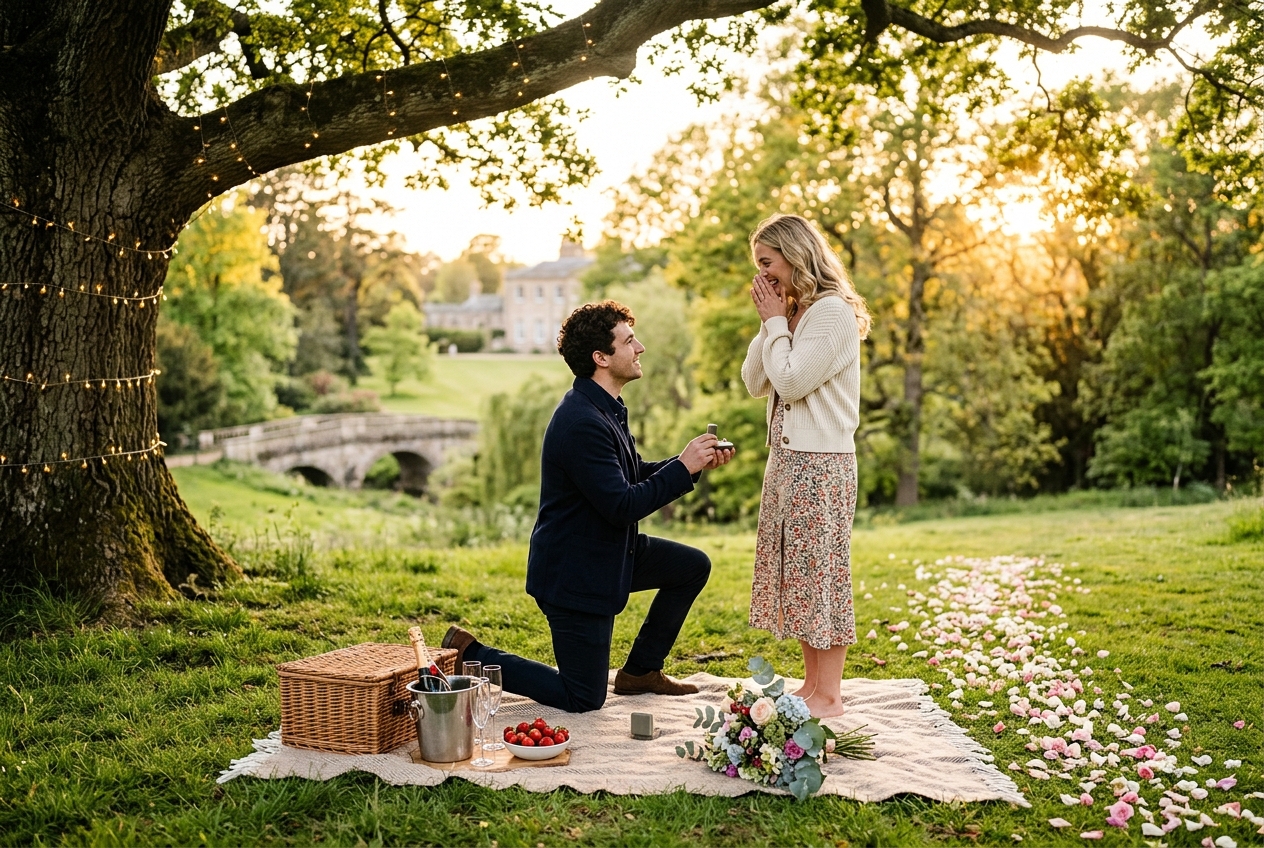 Romantic picnic proposal in a UK park, blanket with champagne, fairy lights, flower petals, golden hour