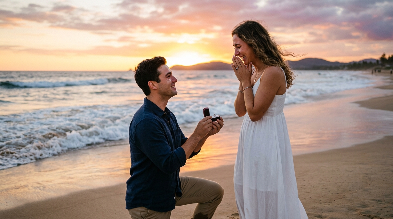 Man on one knee proposing at sunset on a beach, ring box open, golden sky, waves behind