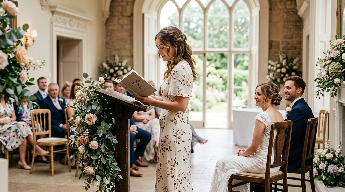 Woman reading a passage from a book at a wedding ceremony lectern, couple listening, natural light