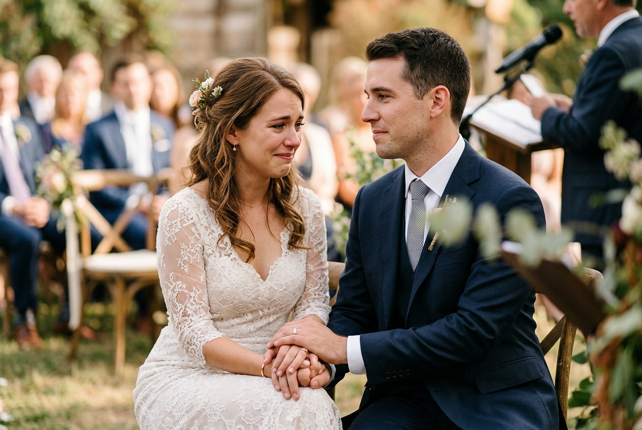 Bride and groom listening to a reading, holding hands, soft natural light, intimate moment