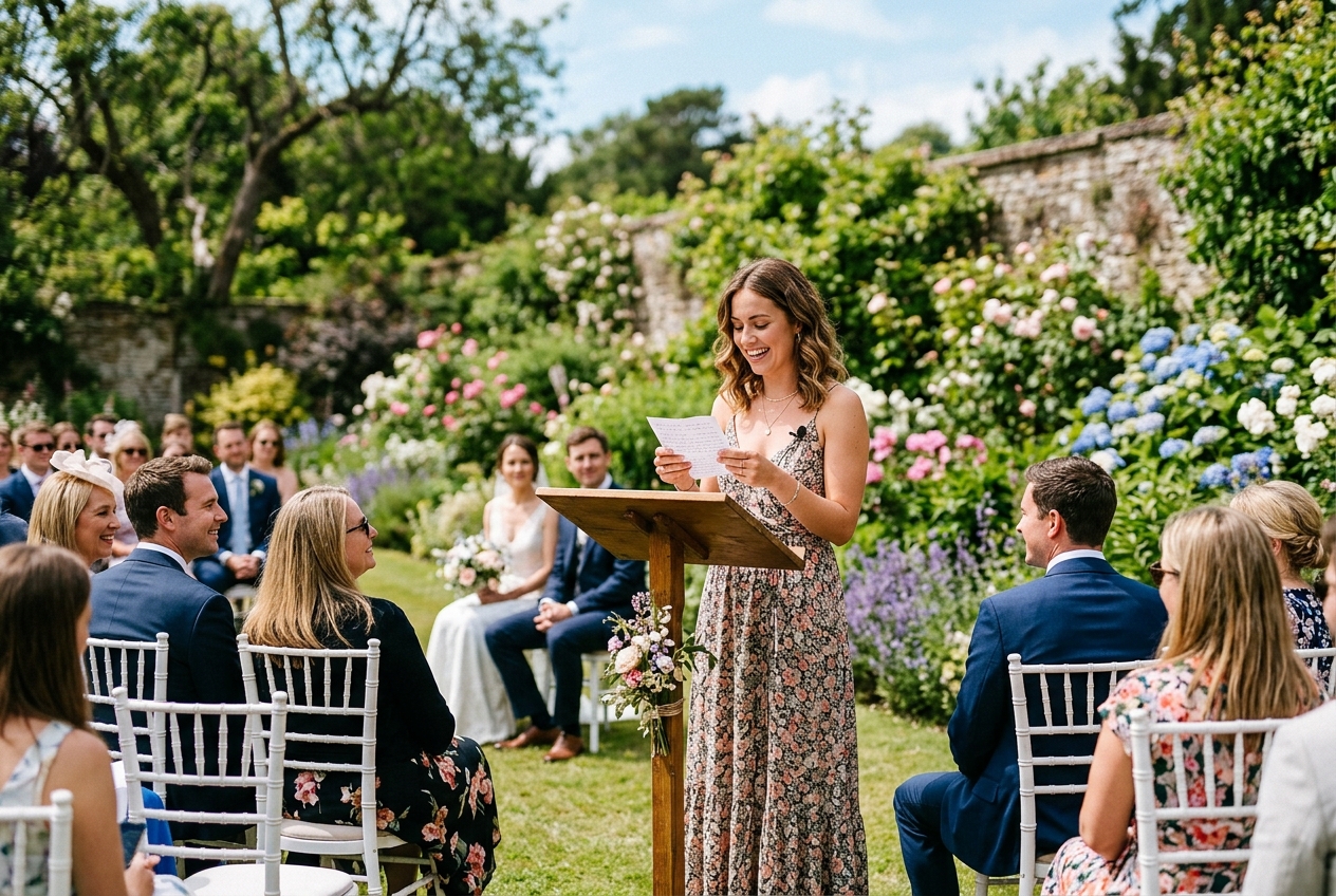 Friend reading a poem at an outdoor garden wedding, guests on white chairs, bright summer day