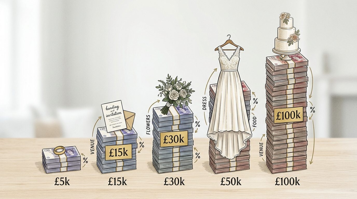 The cross-budget comparison: where the money really goes for Real UK Wedding Budgets: £5k to £100k Breakdowns