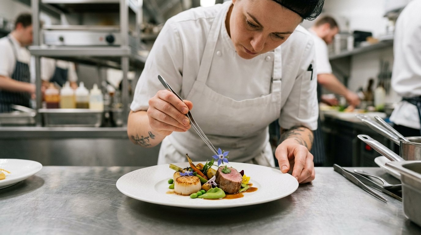 Chef carefully plating a fine dining wedding dish in a professional kitchen, focus on hands and elegant white plate