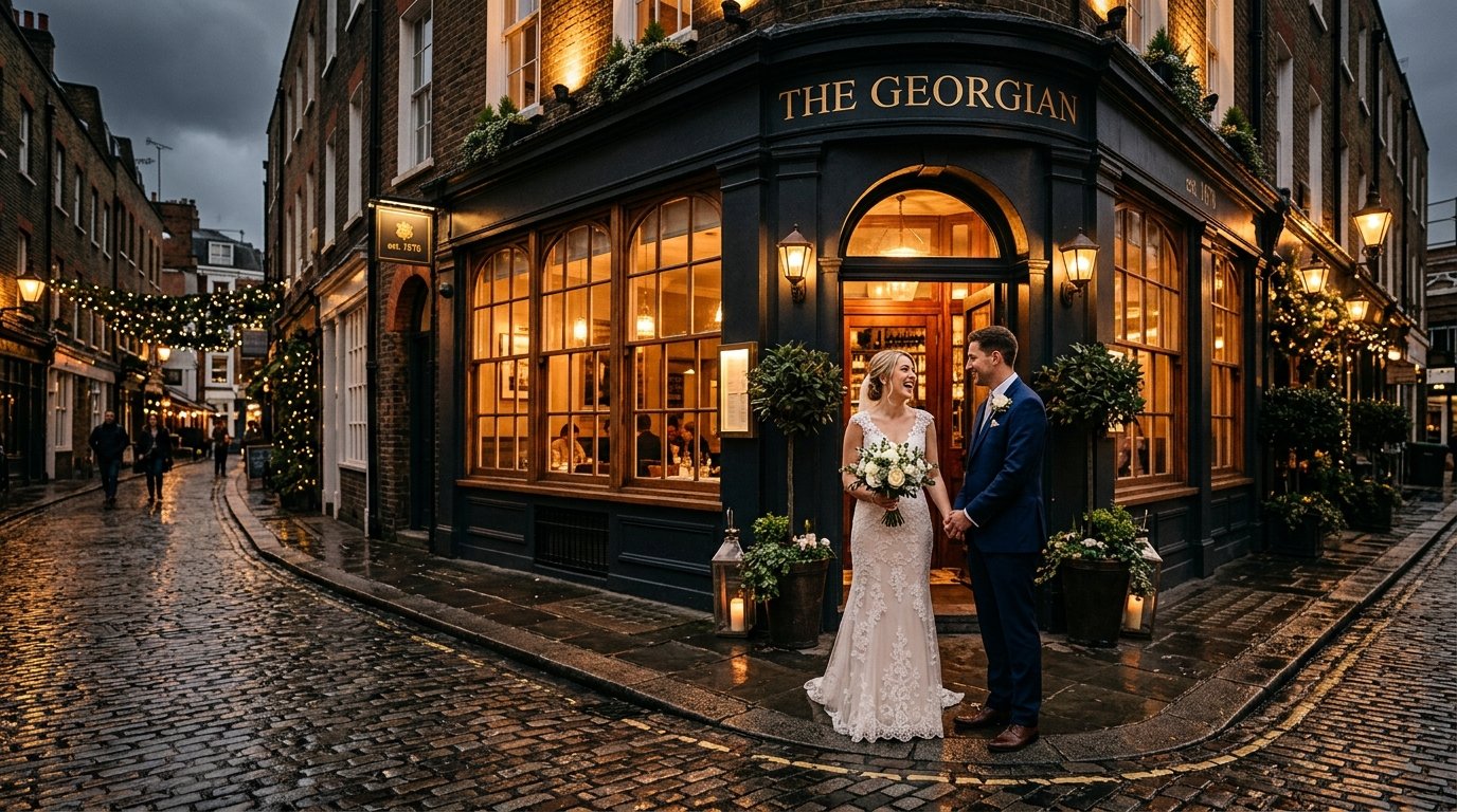 Restaurant exterior in the evening with a couple in wedding attire, Georgian building with warm window light