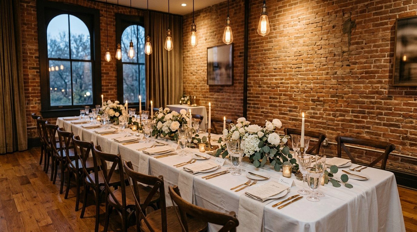 Elegant private dining room set for a wedding reception, long table with white linen, crystal glassware and roses