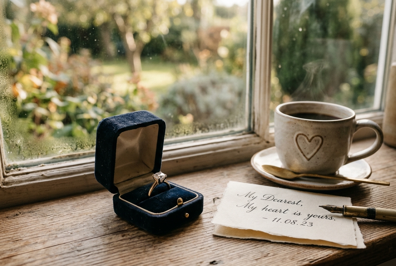 Open ring box with engagement ring inside on a windowsill, soft morning light, coffee and a love note