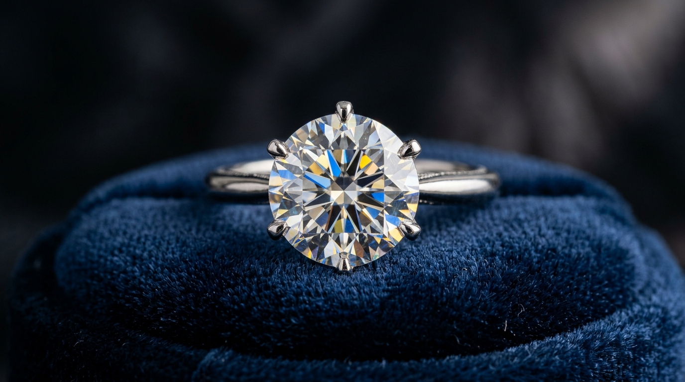 Close-up of a brilliant-cut diamond engagement ring on a velvet cushion, sparkling under soft light