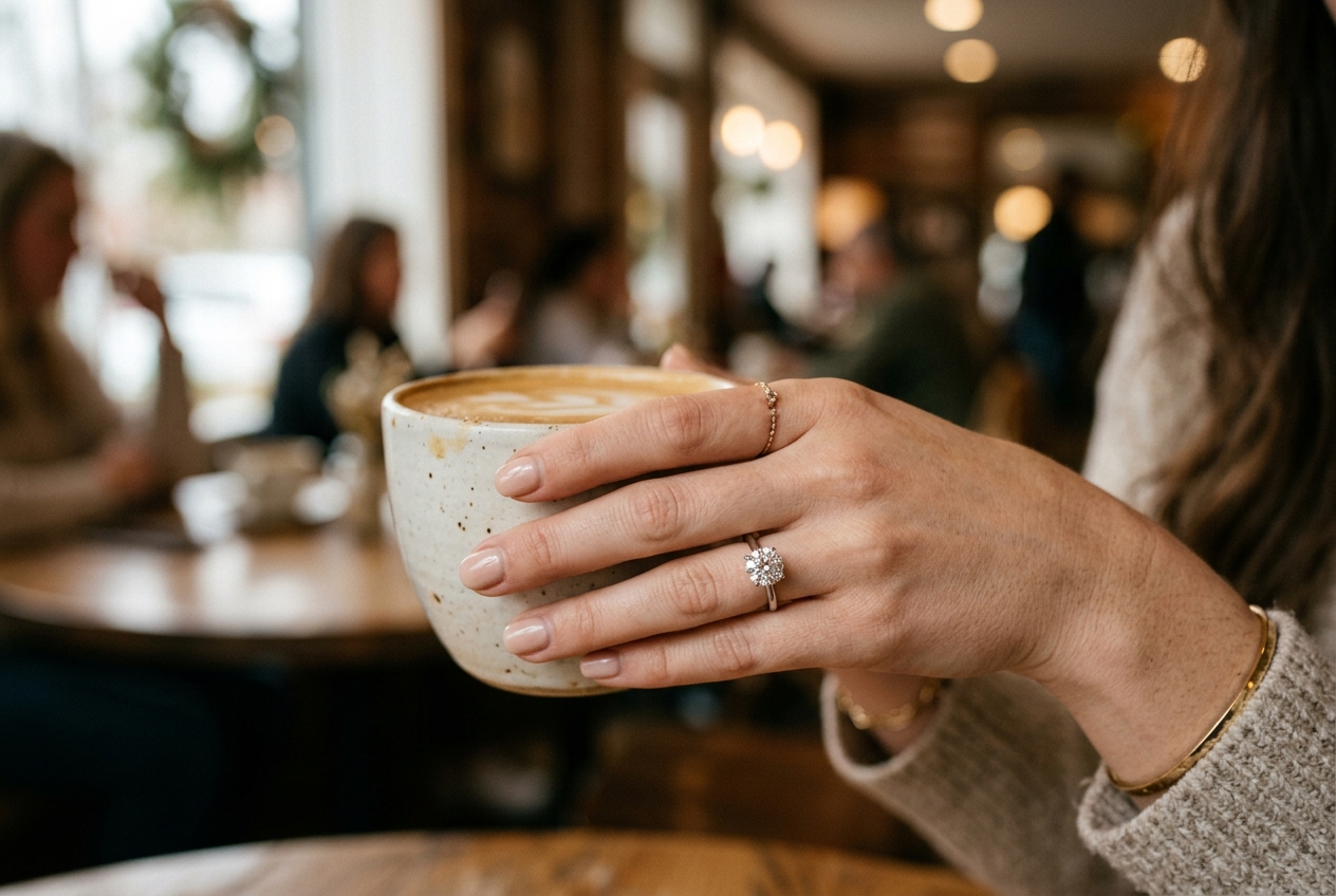 Close-up of a woman's hand wearing a new engagement ring, natural pose, warm cafe setting