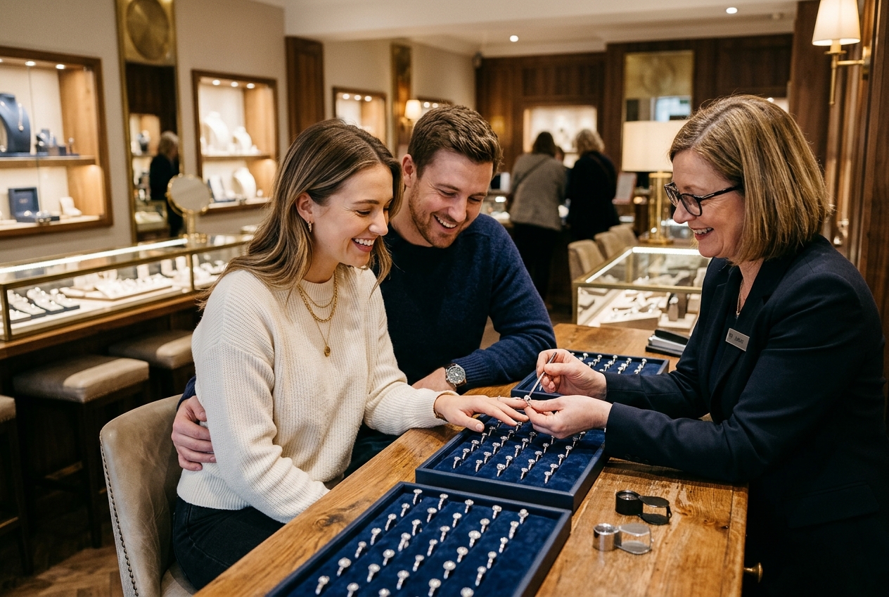 Couple looking at engagement rings in a jewellery shop, ring trays on the counter, warm lighting