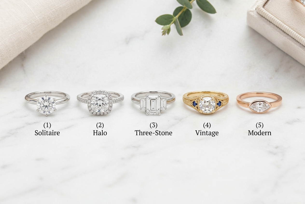 Five different engagement ring styles arranged on marble — solitaire, halo, three-stone, vintage, modern