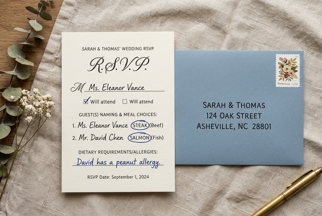 Wedding RSVP card with meal choices filled in with neat handwriting, stamped return envelope
