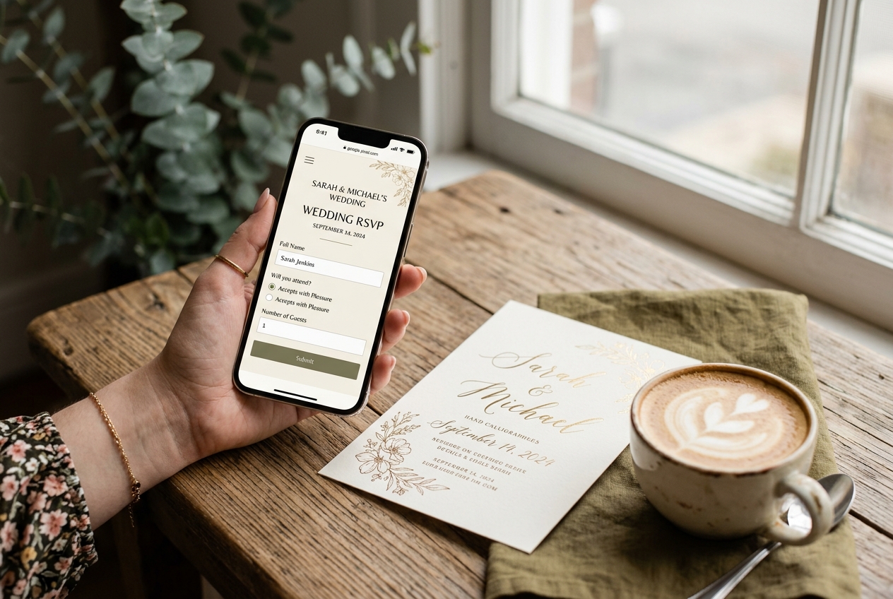 Hand holding a smartphone showing an online wedding RSVP form, coffee and invitation on the table