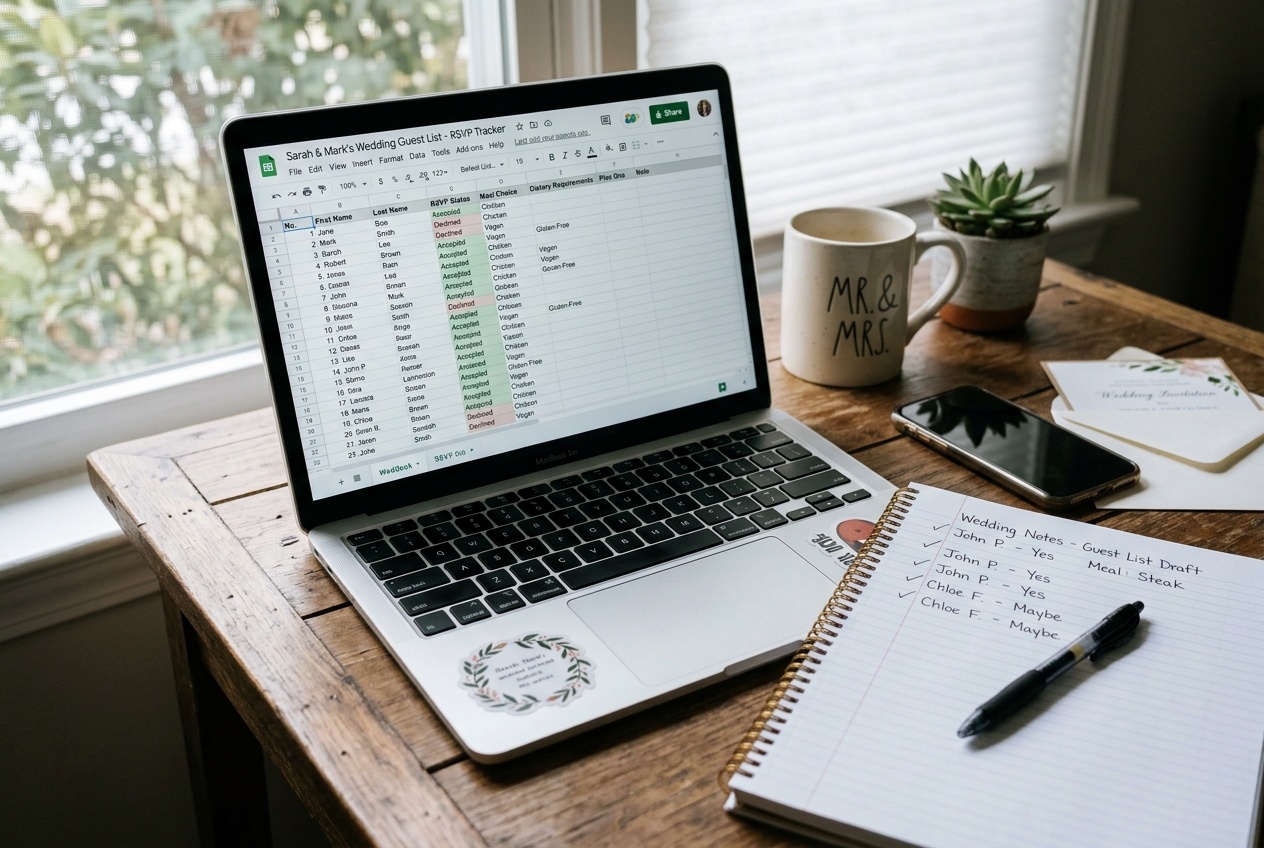 Laptop showing a wedding RSVP tracking spreadsheet with guest names, responses, and meal choices