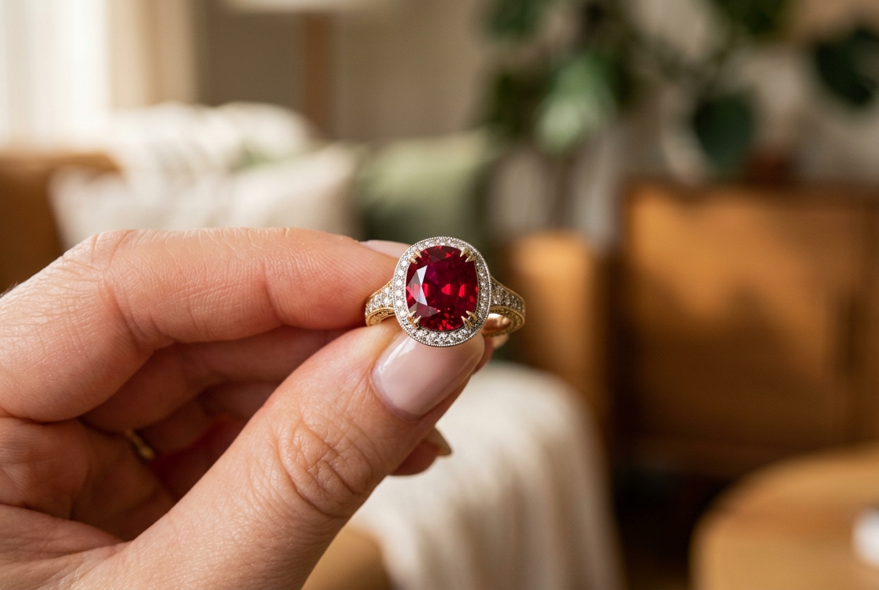 Close-up of a stunning ruby ring being held up to catch the light, deep red gem sparkling
