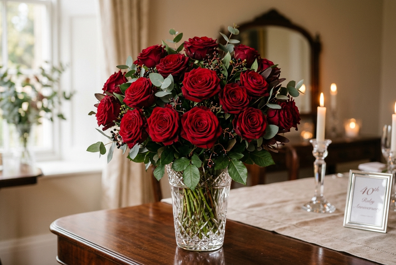 Bouquet of deep red roses for a 40th ruby wedding anniversary, in a crystal vase, romantic