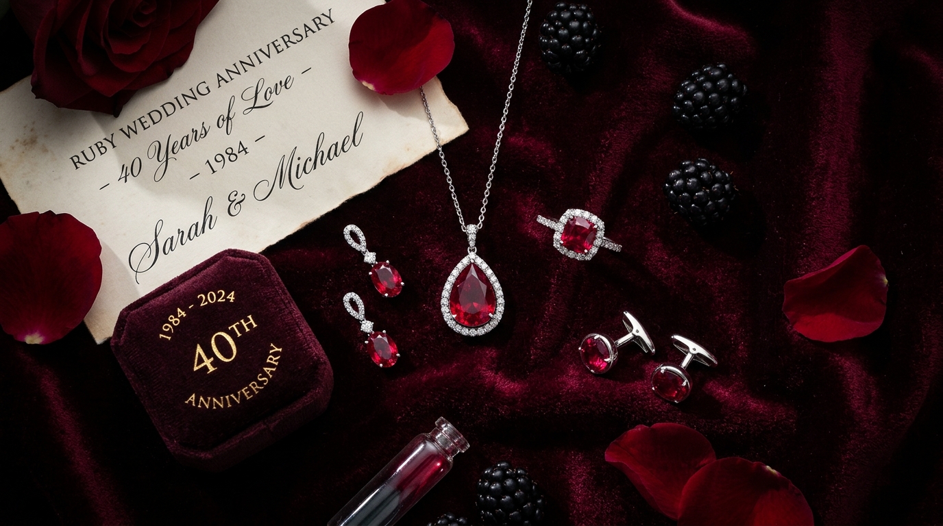 40th ruby wedding anniversary — deep red ruby jewellery on dark velvet, pendant, ring, dramatic lighting
