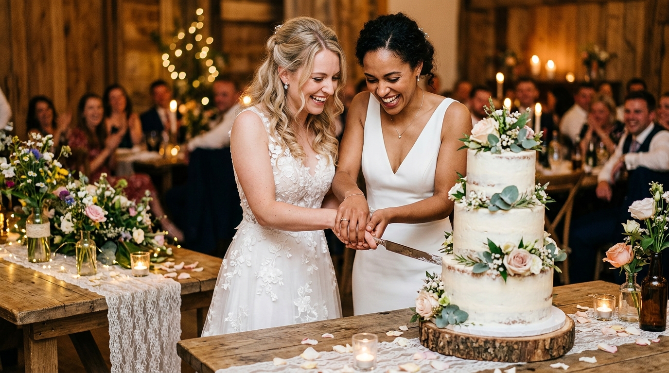 Same-sex couple cutting their wedding cake together at the reception
