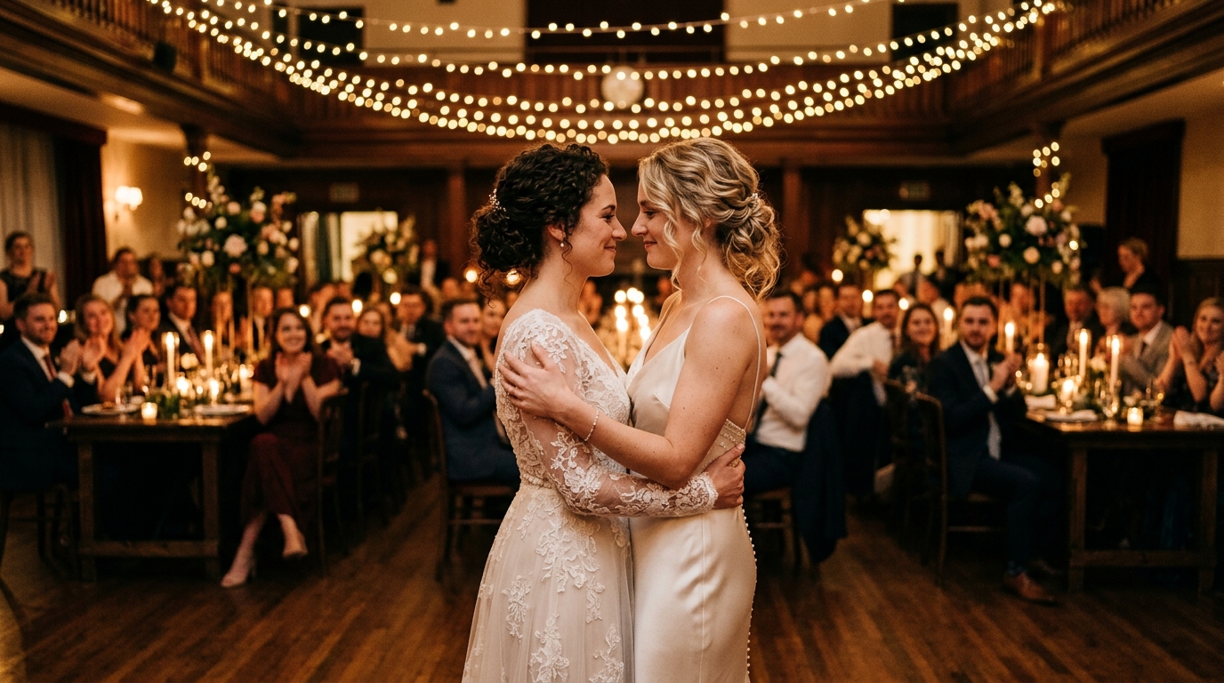 Same-sex couple sharing their first dance at a beautifully decorated UK wedding reception