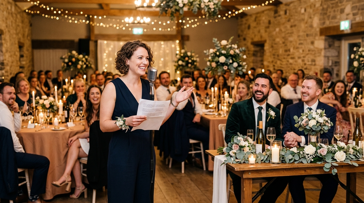 Same-sex couple giving speeches and toasting at their wedding reception