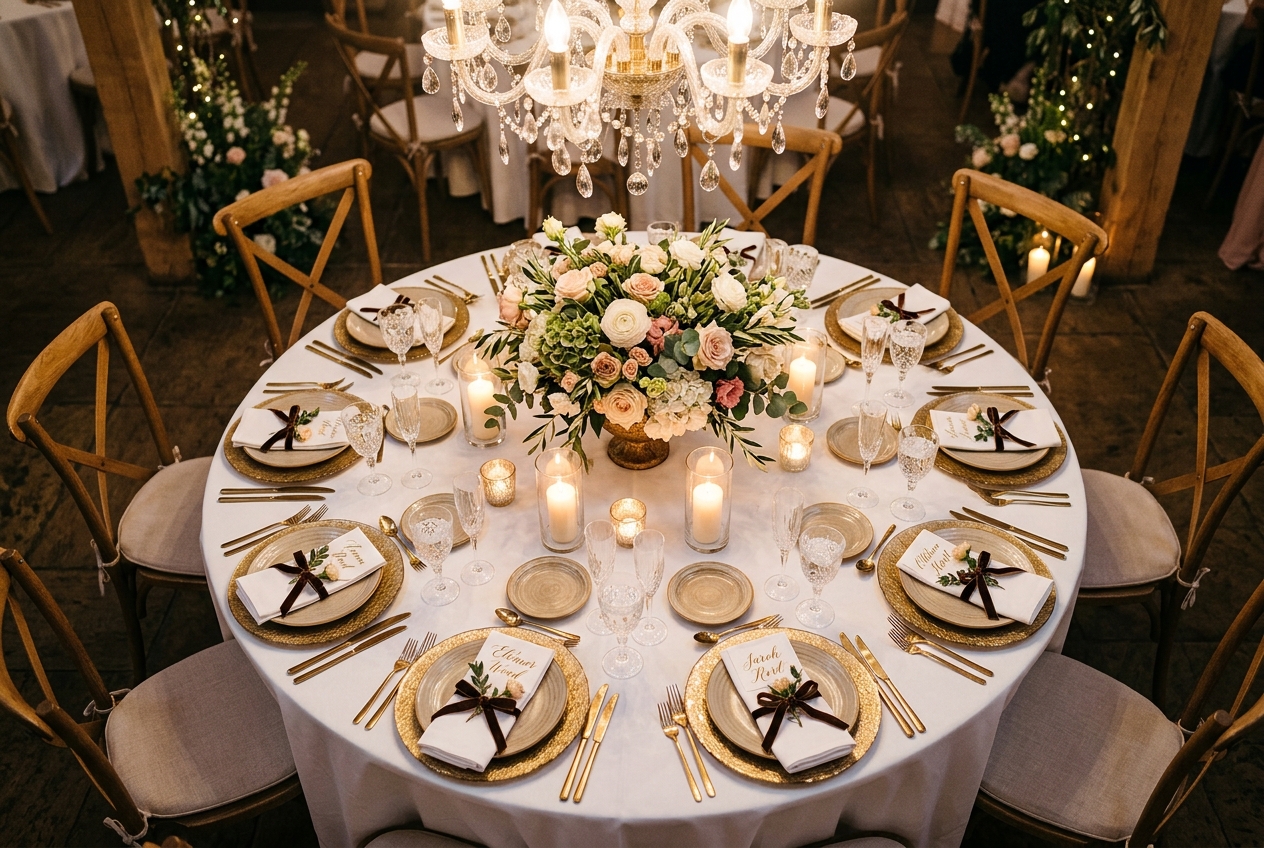 Beautifully set round wedding table for eight guests, gold charger plates, calligraphy place cards, flower centrepiece
